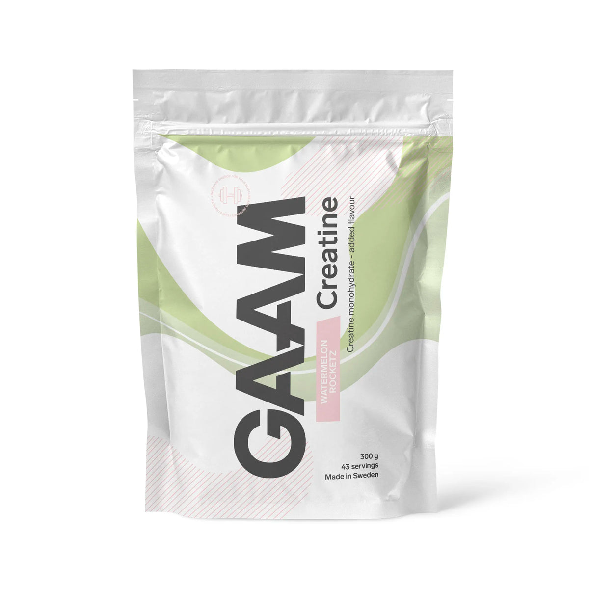 GAAM Creatine 300 g kreatinpulver i en vit påse med gröna detaljer för smaken Watermelon Rocketz.