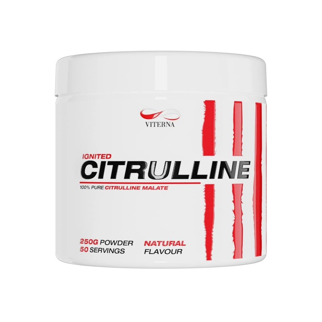Viterna Citrulline Malate 250 g pulver i en vit burk med röda och svarta detaljer och smaken Naturell., bild 1 av 1