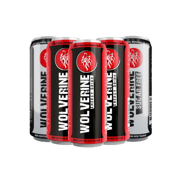 24 x Wolverine energy drink 250 ml Mixflak med energidrycksburkar i svart och vitt med röda detaljer., bild 1 av 1