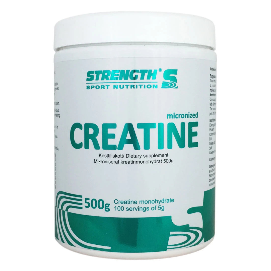 Strength Sport Nutrition Creatine 500 g naturellt kreatinpulver i en vit burk med turkosa detaljer.