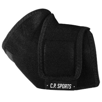 C.P. Sports Elbow Support, ett svart armbågsstöd i neopren med kardborreband för styrketräning.