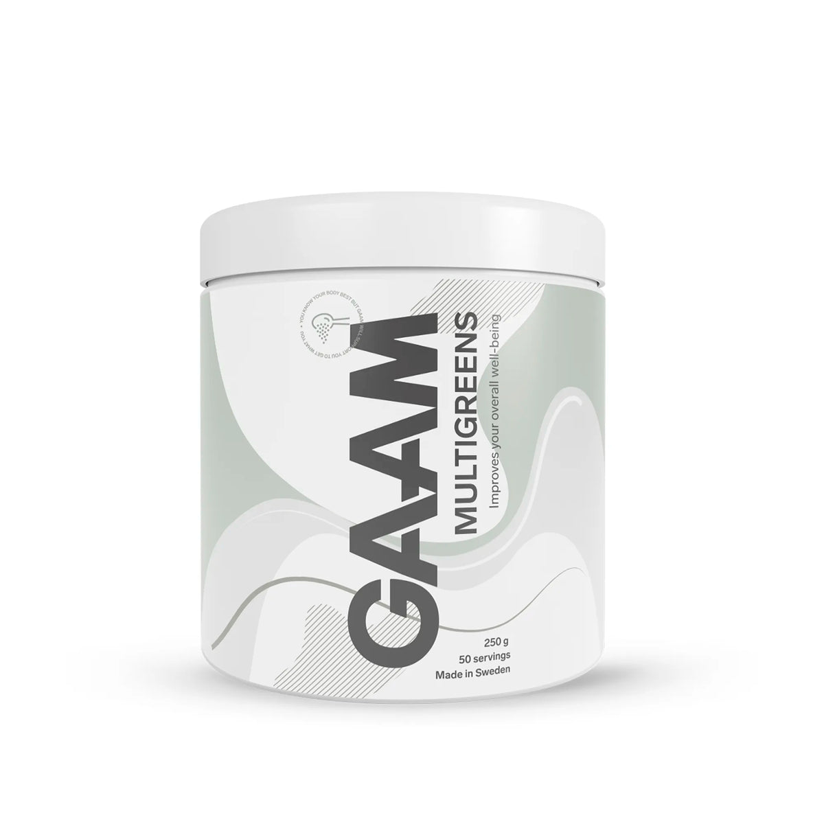 GAAM Multigreens 250 g greenspulver i en stilren vit burk med ljusgröna och grå detaljer.