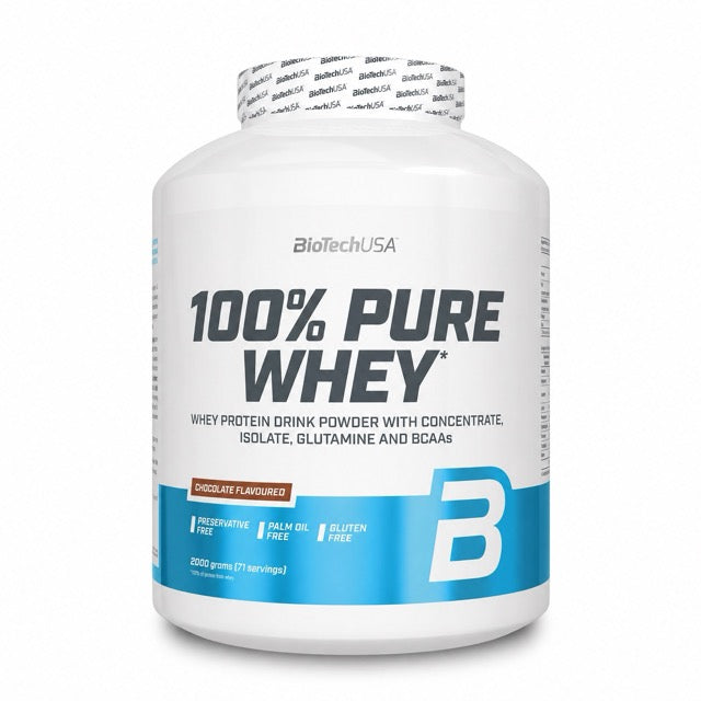 BioTechUSA 100% Pure Whey 2 kg proteinpulver i en vit och blå burk för smaken Chocolate.