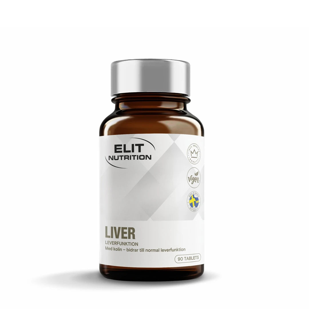 Elit Nutrition Liver Pro 90 tabs kosttillskott i en mörkbrun burk med silverlock och vit etikett., bild 1 av 1