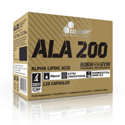 Olimp ALA 200 120 caps antioxidant i kapselform, förpackad i en guldfärgad kartong med svarta detaljer., bild 1 av 1