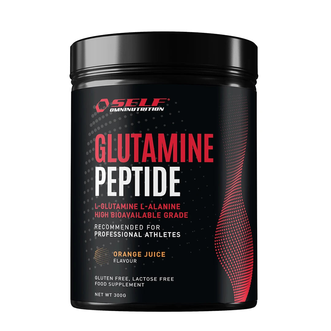 Self Omninutrition Glutamine Peptides 300 g aminosyratillskott i en svart burk med röda detaljer och apelsinsmak., bild 1 av 1