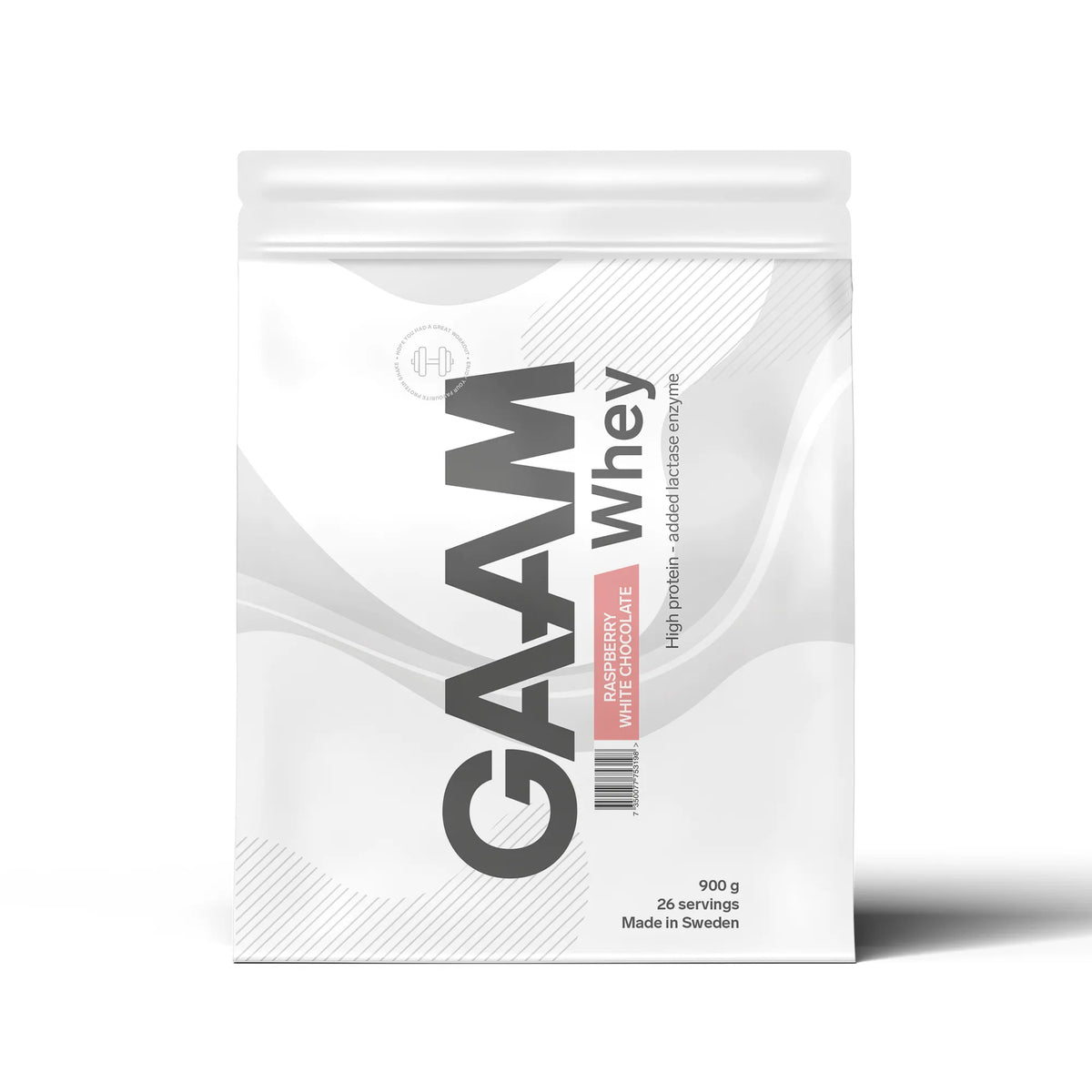 GAAM Whey 900 g proteinpulver i en vit påse med rosa och grå detaljer för smaken Raspberry White Chocolate., bild 3 av 17