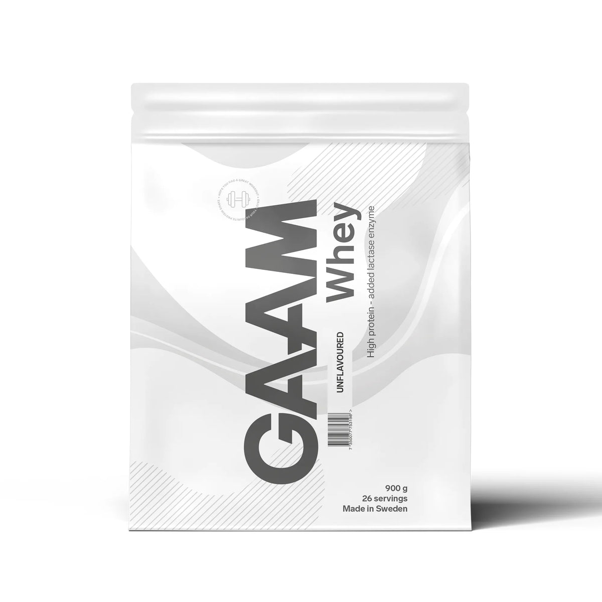 GAAM Whey 900 g proteinpulver i en vit påse för varianten Unflavoured., bild 6 av 17