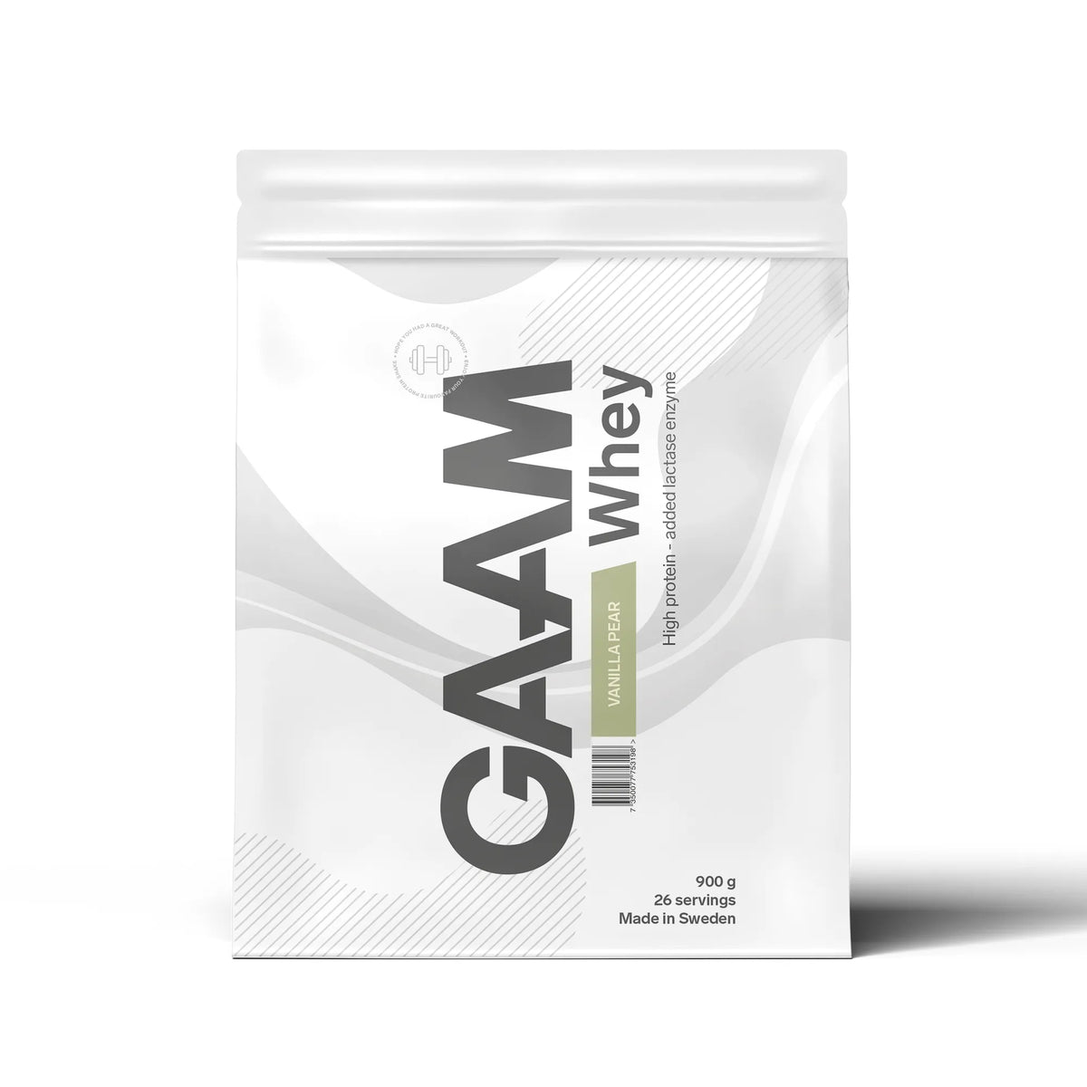 GAAM Whey 900 g proteinpulver i en vit påse med grå och gröna detaljer för smaken Vanilla Pear., bild 7 av 17