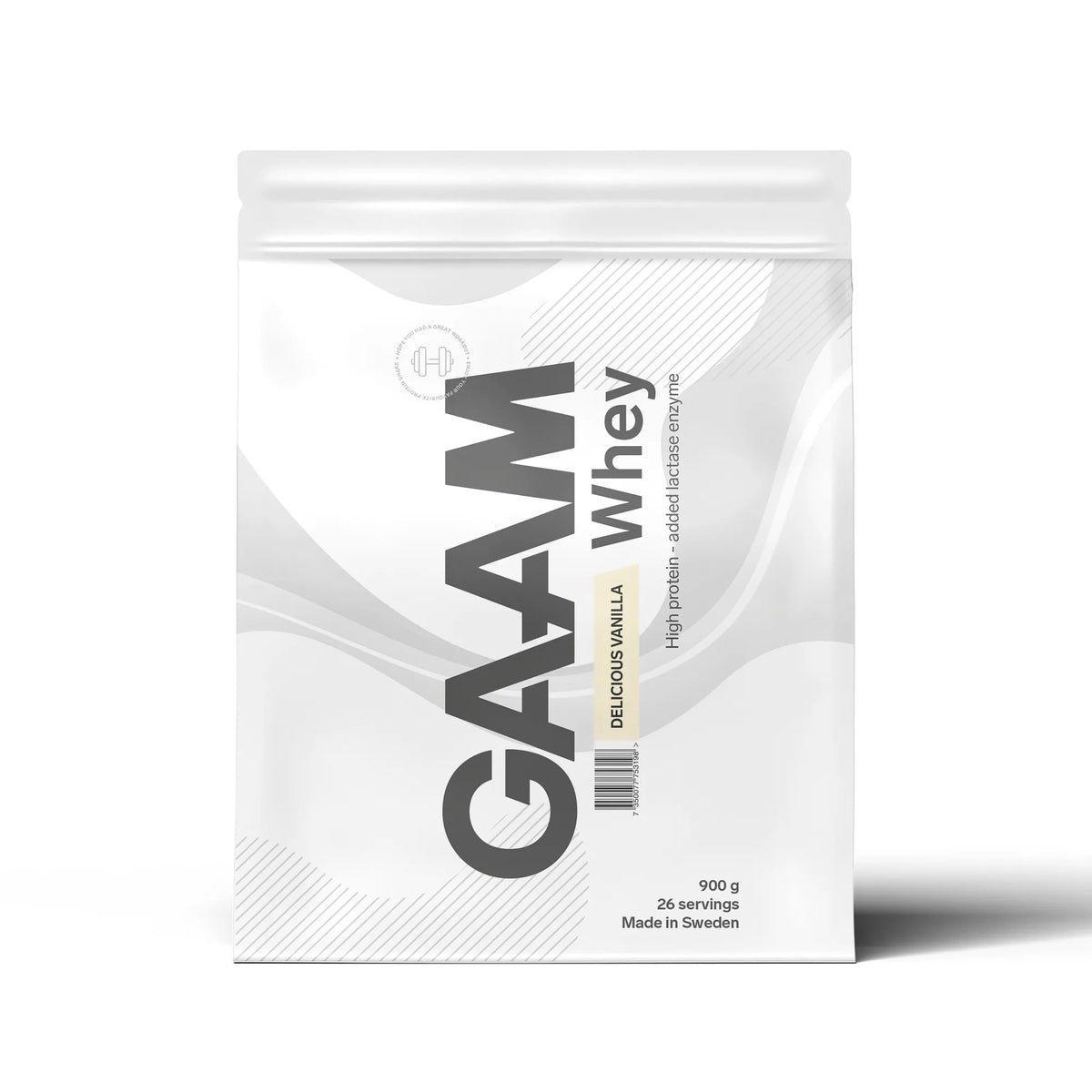 GAAM Whey 900 g proteinpulver i en vit påse med grå detaljer för smaken Delicious Vanilla., bild 1 av 17