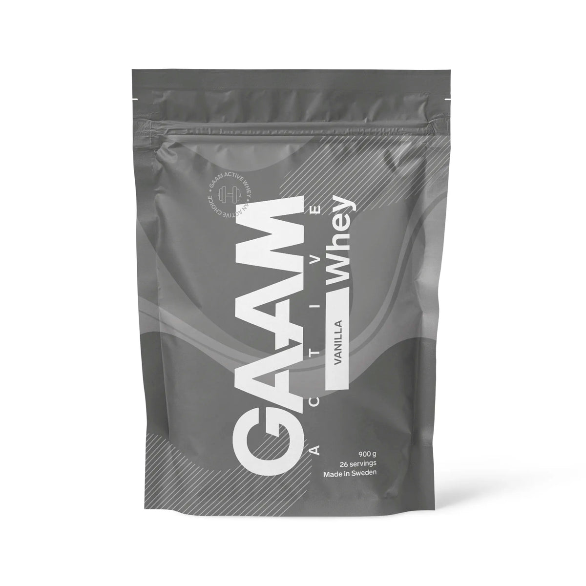 GAAM Active Whey 900 g proteinpulver i en mörkgrå påse med vita detaljer för smaken Vanilla.