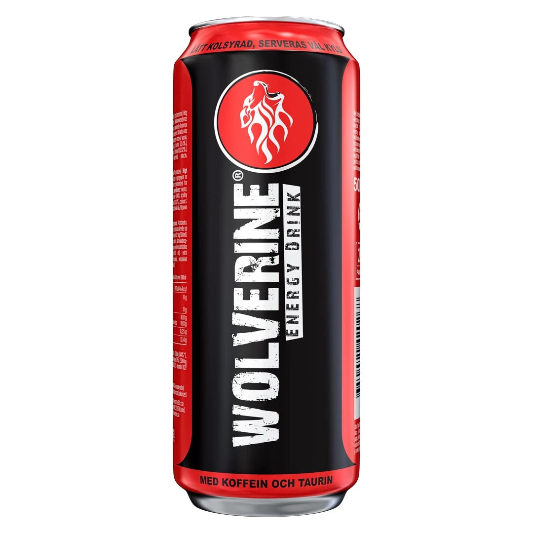 Wolverine Energy Drink 500 ml i en svart och röd burk med vit logotyp och text., bild 1 av 3
