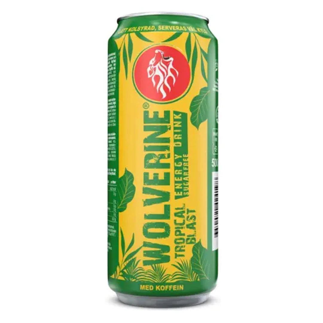 Wolverine Energy Drink 500 ml i en gul och grön burk med tropiskt mönster för smaken Tropical Blast Sugarfree., bild 2 av 3