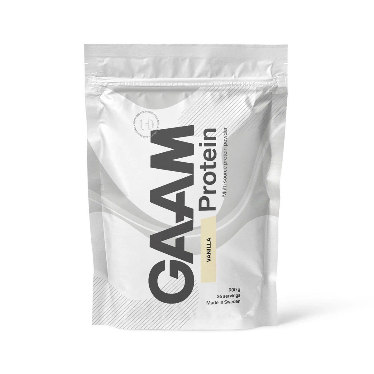 GAAM Protein 900 g proteinpulver i en vit påse med ljusgula detaljer för smaken Vanilla., bild 2 av 6