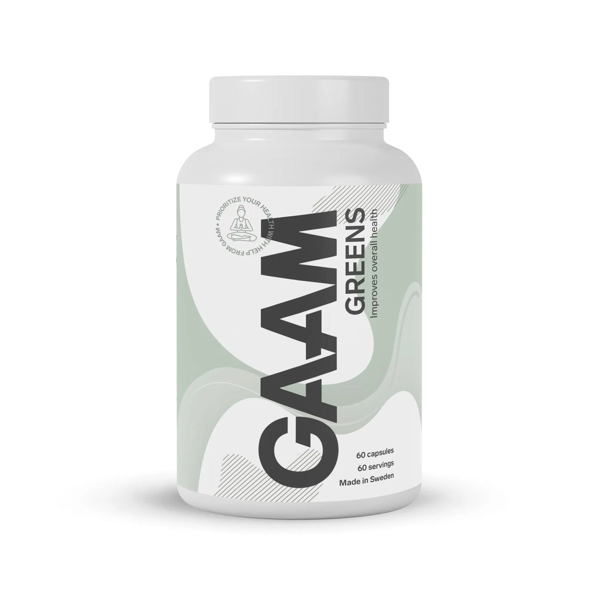 GAAM Greens 60 Caps greens-blandning förpackad i en stilren vit plastburk med ljusgröna detaljer., bild 1 av 1