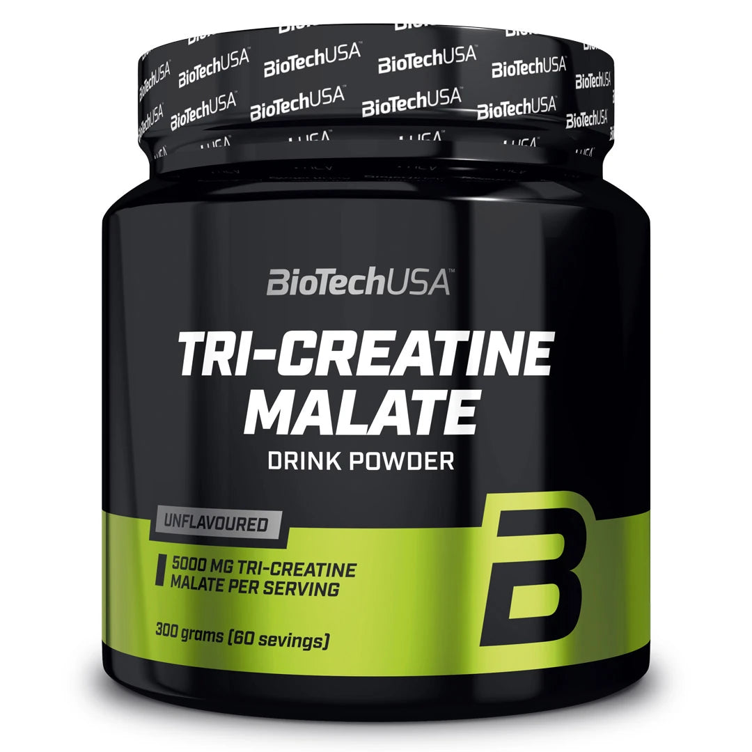 BioTechUSA Tri-Creatine Malate 300 g naturellt kreatinpulver i en svart burk med limegröna detaljer., bild 1 av 1