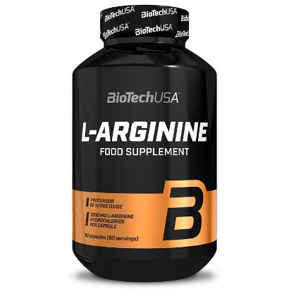BioTechUSA L-Arginin 90 caps kosttillskott i en svart burk med svarta och orangea detaljer., bild 1 av 1