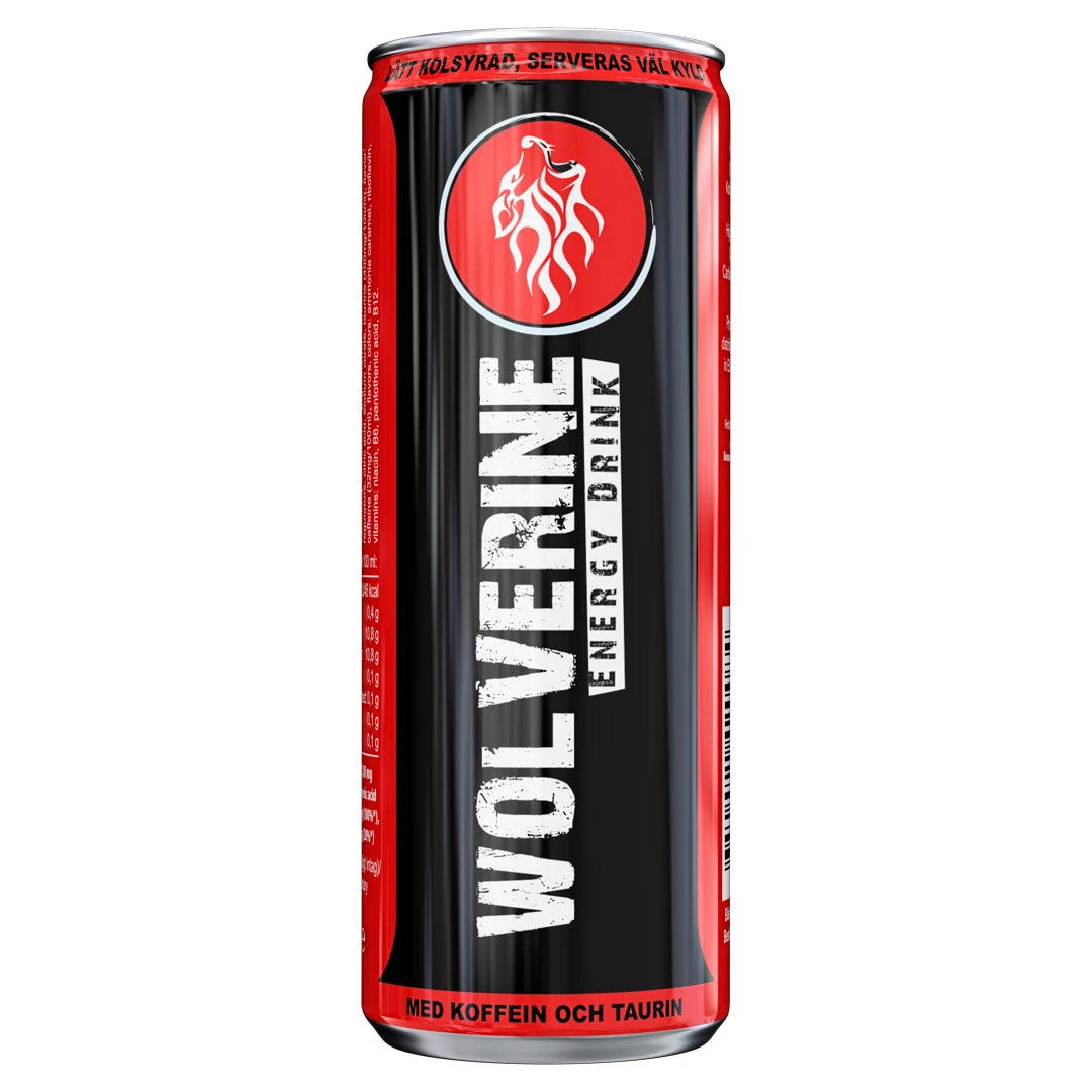 Wolverine Energy Drink 250 ml i en svart och röd burk för smaken Original.
