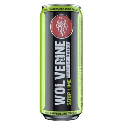 Wolverine Energy Drink 250 ml energidryck i en svart och limegrön burk för smaken Sour Lime., bild 2 av 3