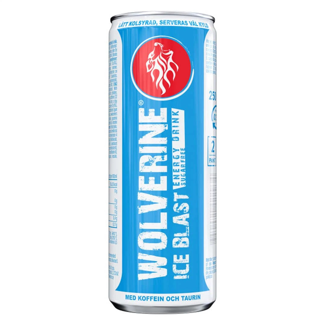 Wolverine Energy Drink 250 ml i en ljusblå burk med röd logotyp för den sockerfria smaken Ice Blast., bild 3 av 3