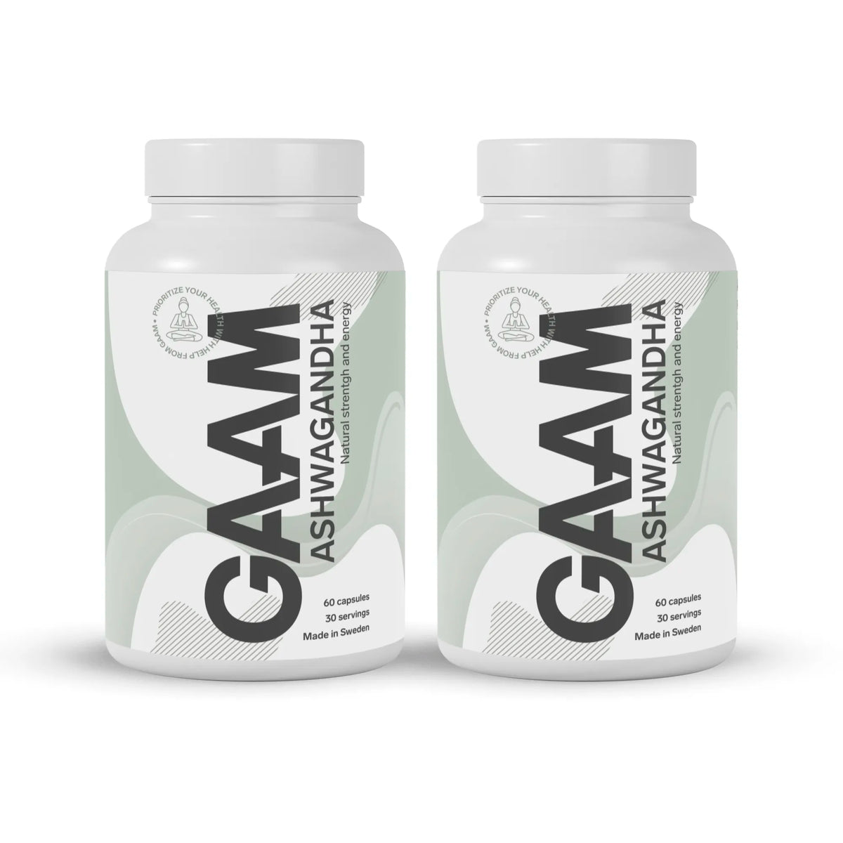 2 x GAAM Ashwagandha 60 caps kosttillskott i två vita burkar med grå och svarta detaljer.