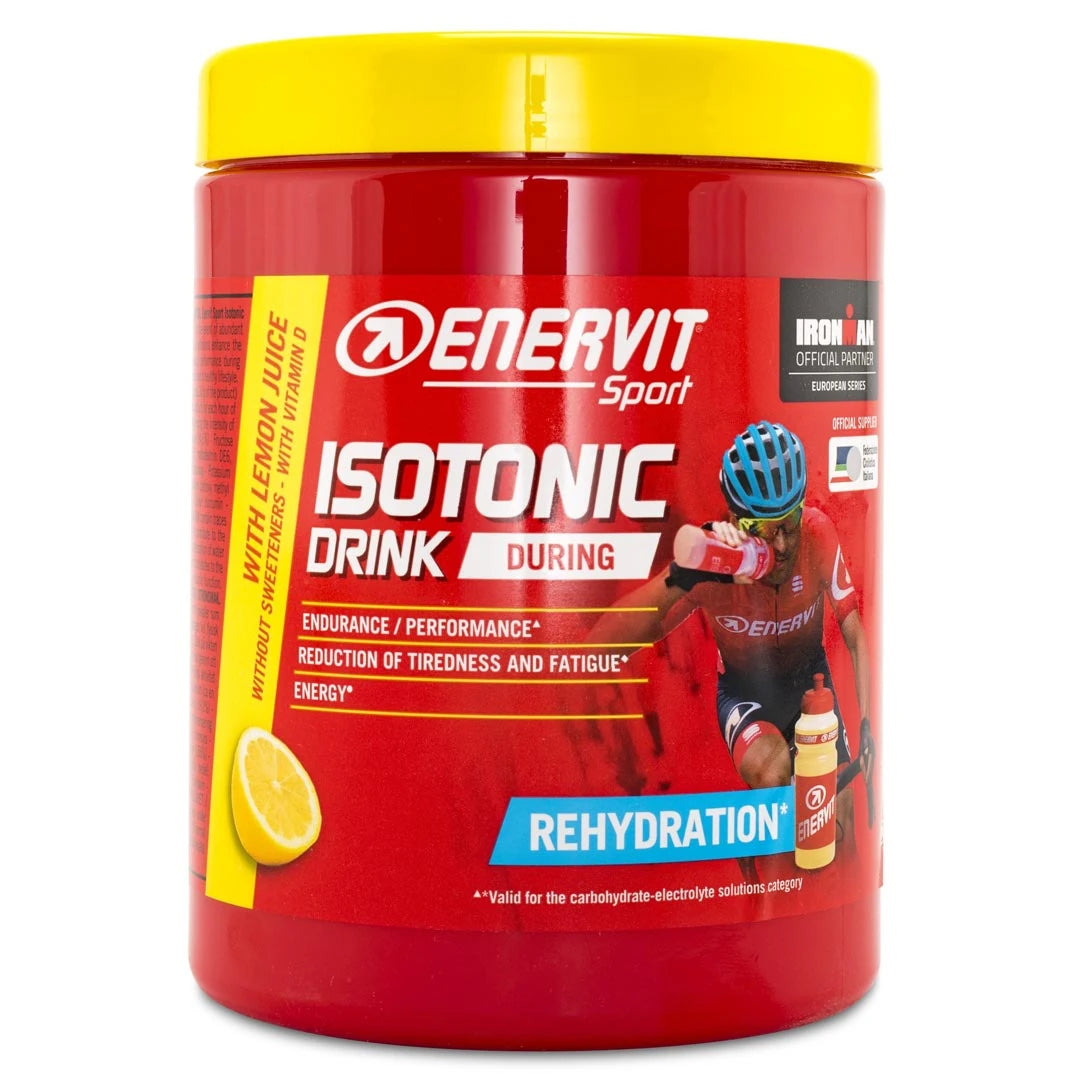 Enervit Isotonic Drink 420 g sportdryckspulver i en röd burk med gult lock för smaken citron., bild 1 av 2