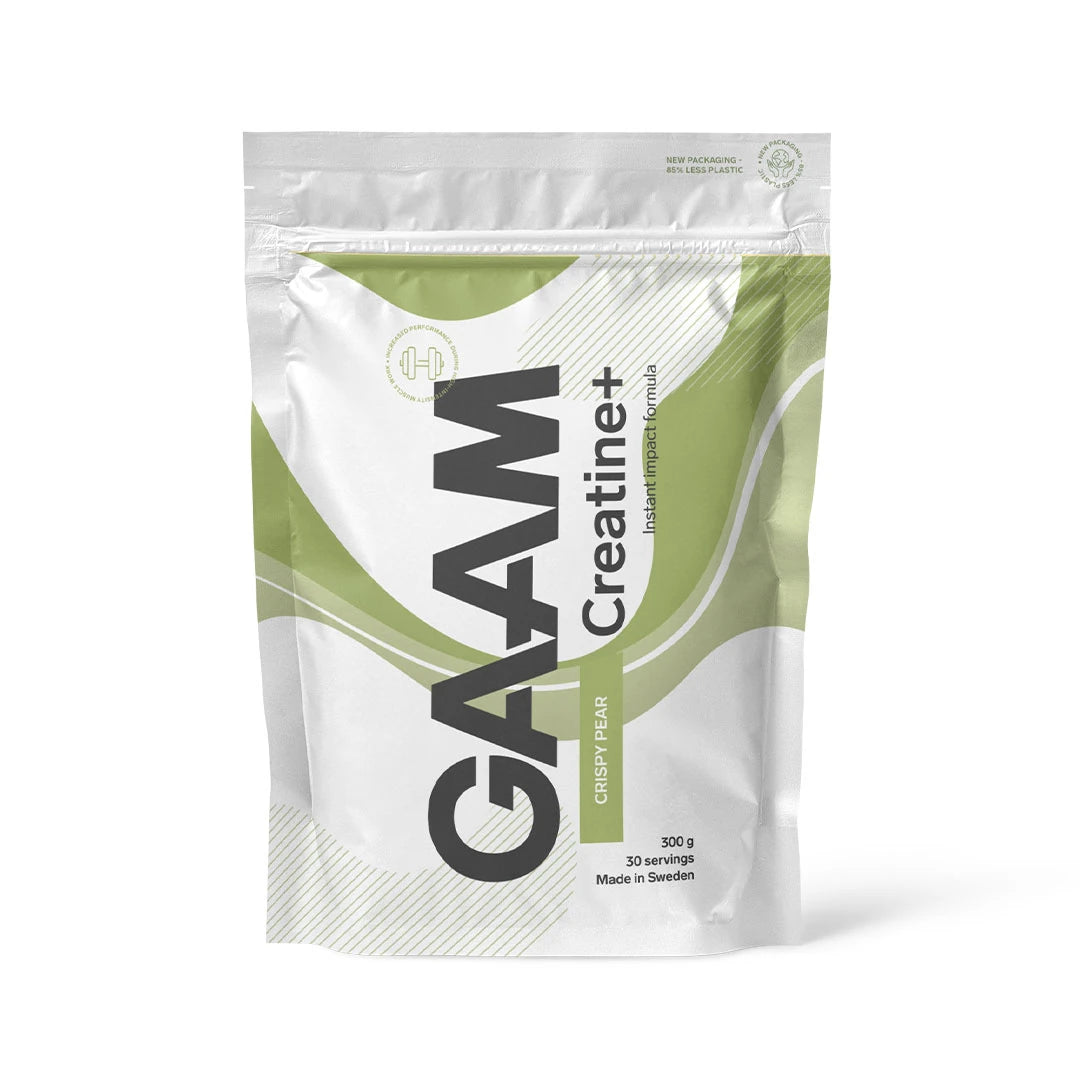 GAAM Creatine+ Kreatin 300 g kreatinpulver i en vit påse med gröna detaljer för smaken Crispy Pear., bild 2 av 2