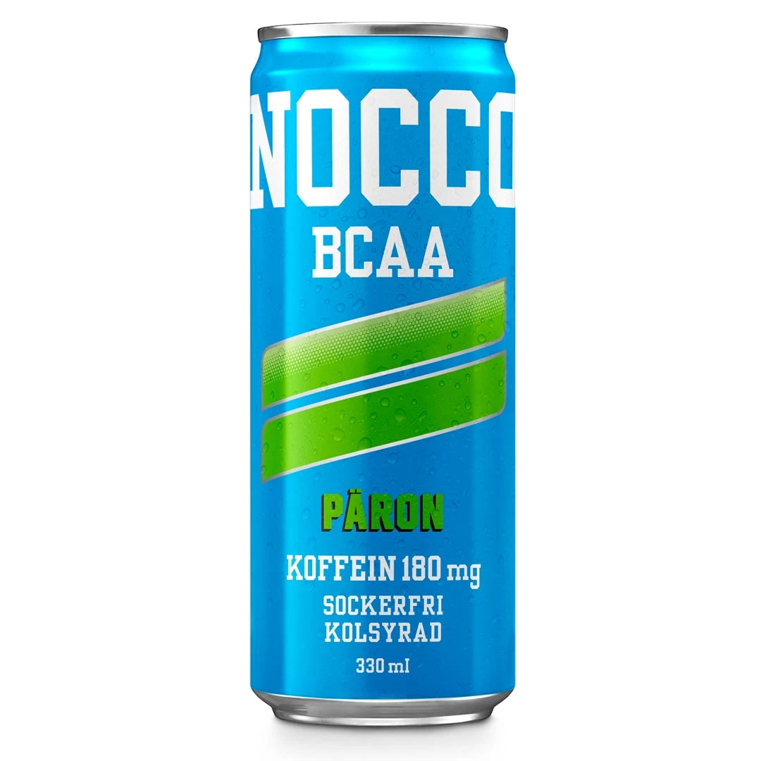 NOCCO BCAA 330 ml energidryck i en ljusblå burk med gröna detaljer för smaken Päron., bild 3 av 16
