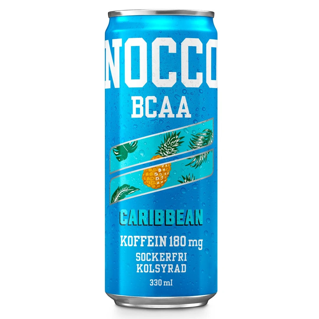 NOCCO BCAA 330 ml i en ljusblå burk med motiv av en ananas och tropiska blad för smaken Caribbean., bild 4 av 16