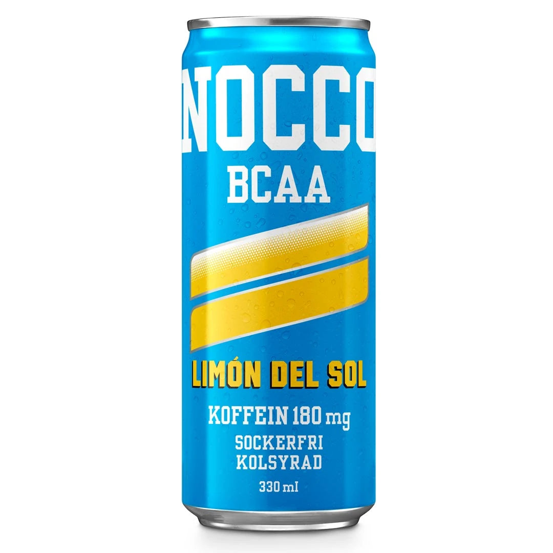 NOCCO BCAA 330 ml i en ljusblå burk med gula detaljer för smaken Limón del sol., bild 14 av 16