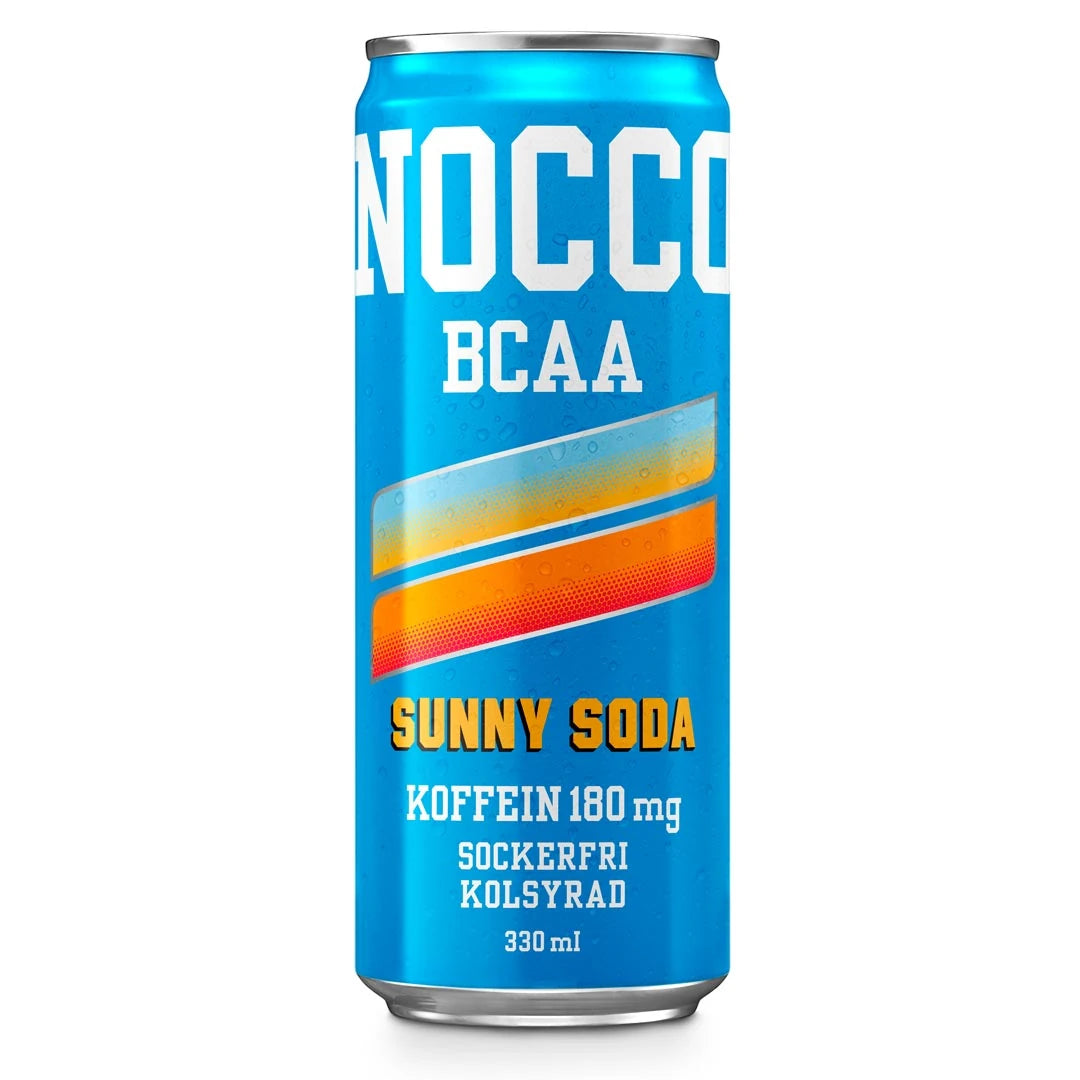 NOCCO BCAA 330 ml energidryck i en ljusblå burk med gula och orangea ränder för smaken Sunny Soda., bild 6 av 16