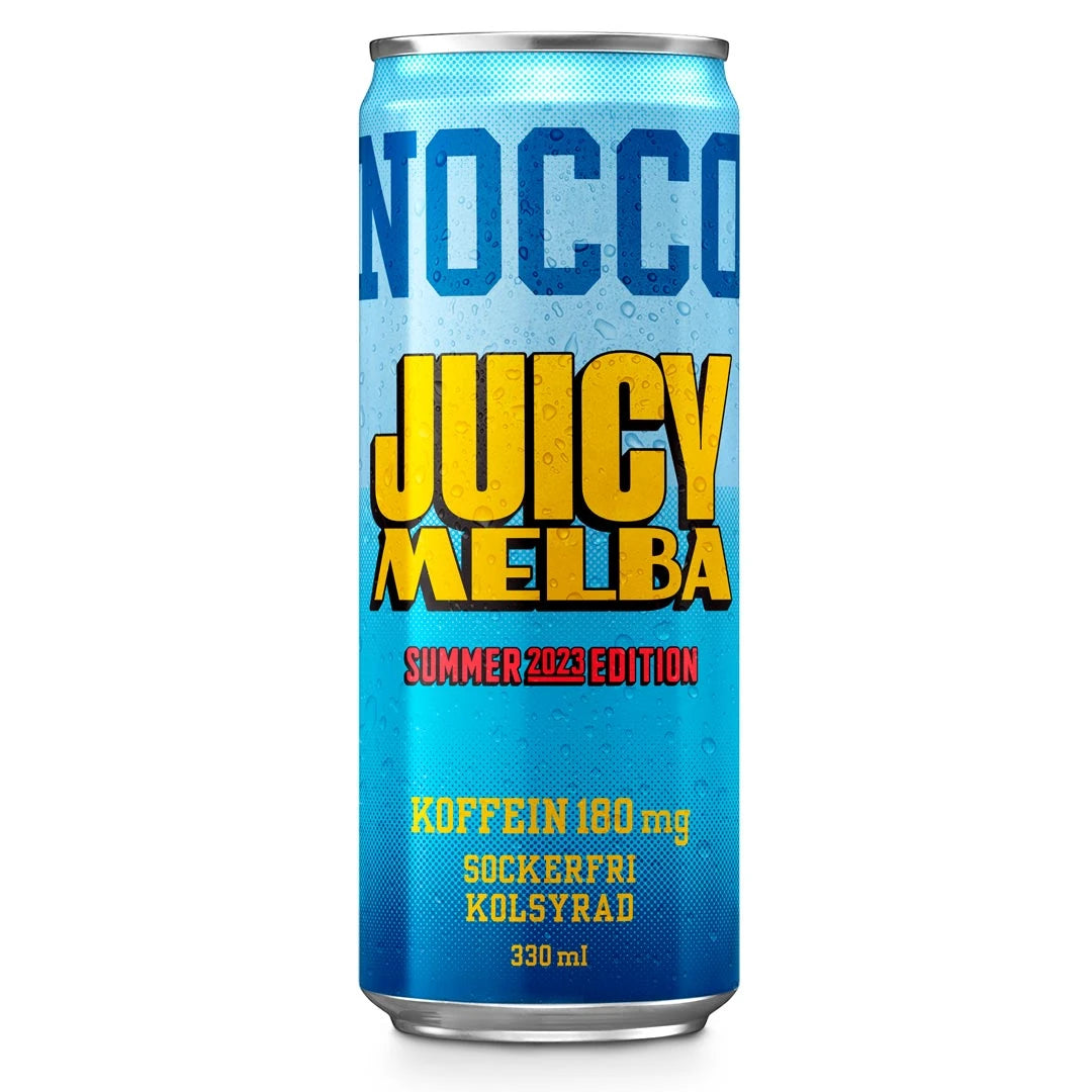 NOCCO BCAA 330 ml energidryck i en ljusblå burk med gula och mörkblå detaljer för smaken Juicy Melba., bild 7 av 16