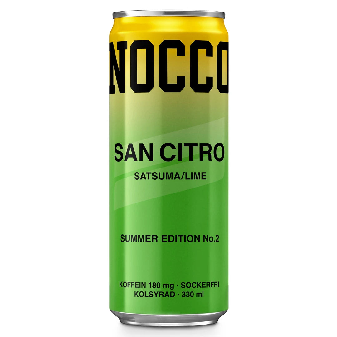 NOCCO BCAA 330 ml energidryck i en grön och gul burk för smaken San Citro., bild 9 av 16