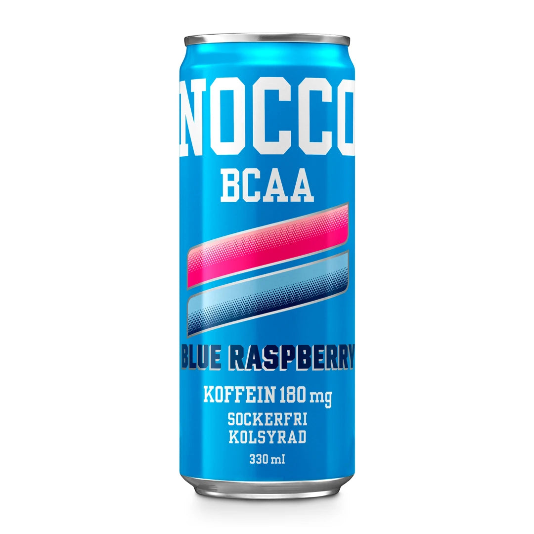 NOCCO BCAA 330 ml energidryck i en ljusblå burk med rosa och mörkblå ränder för smaken Blue Raspberry., bild 10 av 16