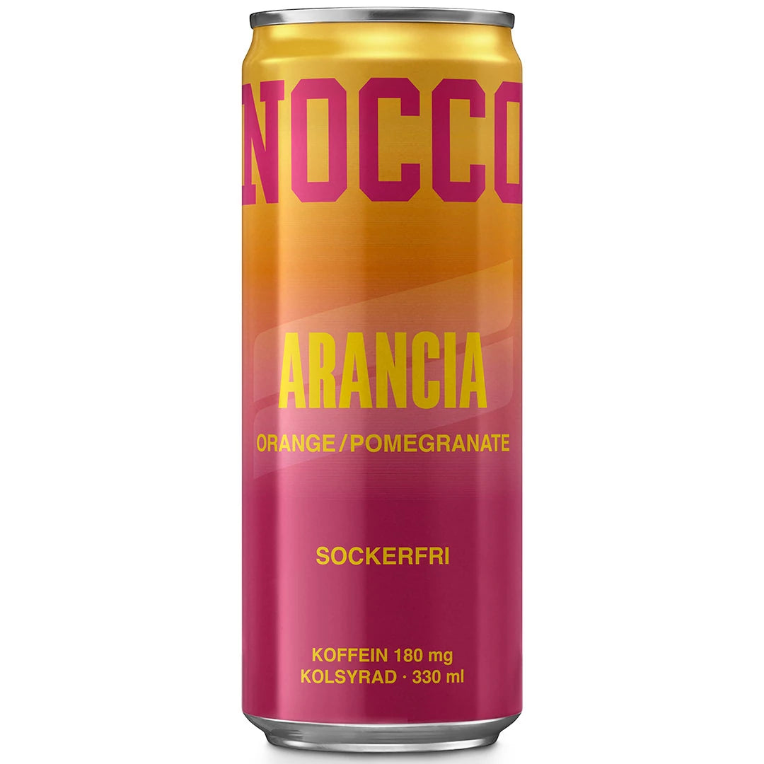 NOCCO BCAA 330 ml i en gul och rosa burk för smaken Arancia., bild 11 av 16