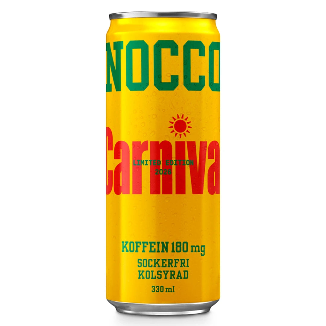 NOCCO BCAA 330 ml i en gul burk med gröna och röda detaljer för smaken Carnival., bild 12 av 16
