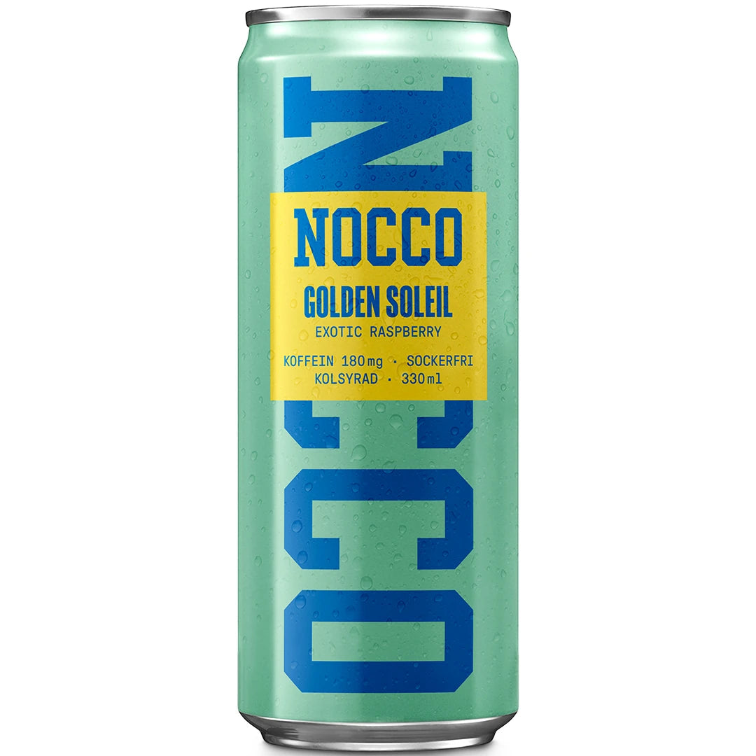 NOCCO BCAA 330 ml energidryck i en ljusgrön burk med blå text och gula detaljer för smaken Golden Soleil., bild 2 av 16
