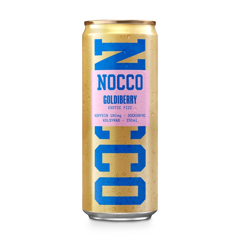 NOCCO BCAA 330 ml energidryck i en guldig burk med blå och rosa detaljer för smaken Goldiberry., bild 1 av 16