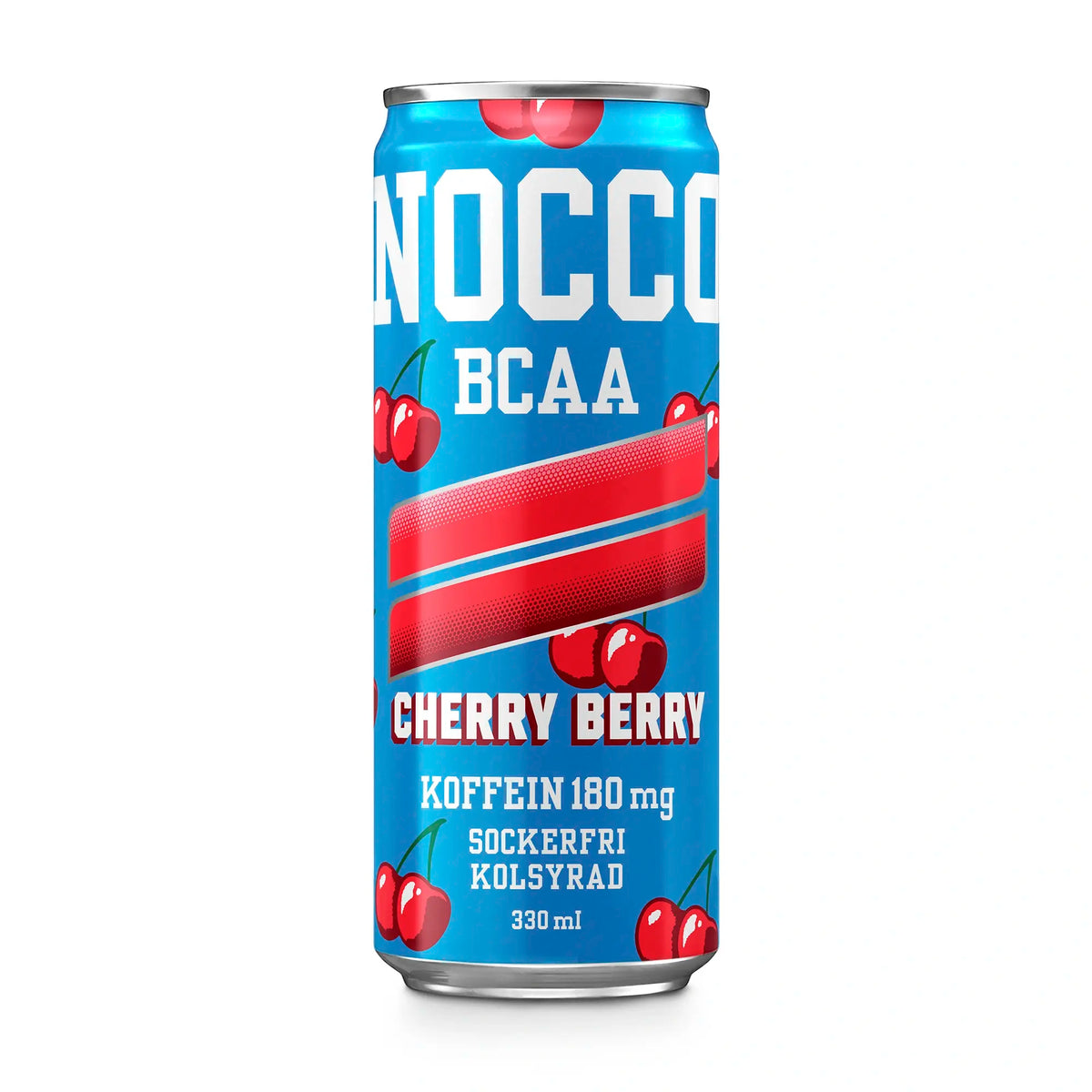 NOCCO BCAA 330 ml energidryck i en blå burk med röda detaljer och motiv av körsbär för smaken Cherry Berry., bild 13 av 16