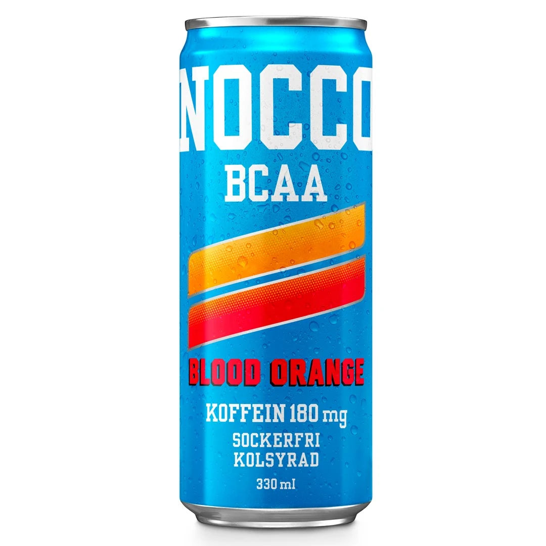 NOCCO BCAA 330 ml energidryck i en blå burk med orangea och röda ränder för smaken Blood Orange., bild 5 av 16