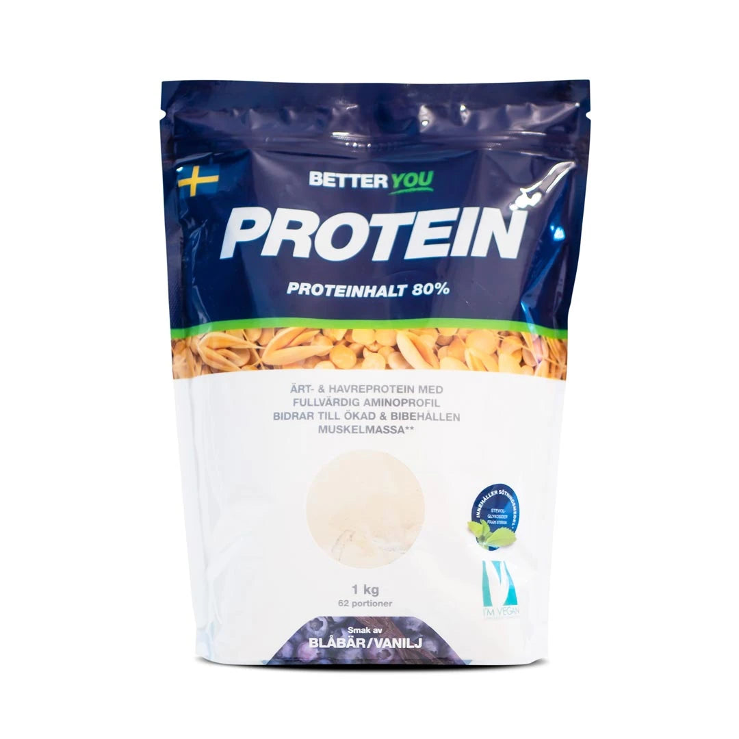 Better You Ärt &amp; Havreprotein 1 kg veganskt proteinpulver, förpackad i en vit och mörkblå påse med smaken Blåbär Vanilj., bild 1 av 1