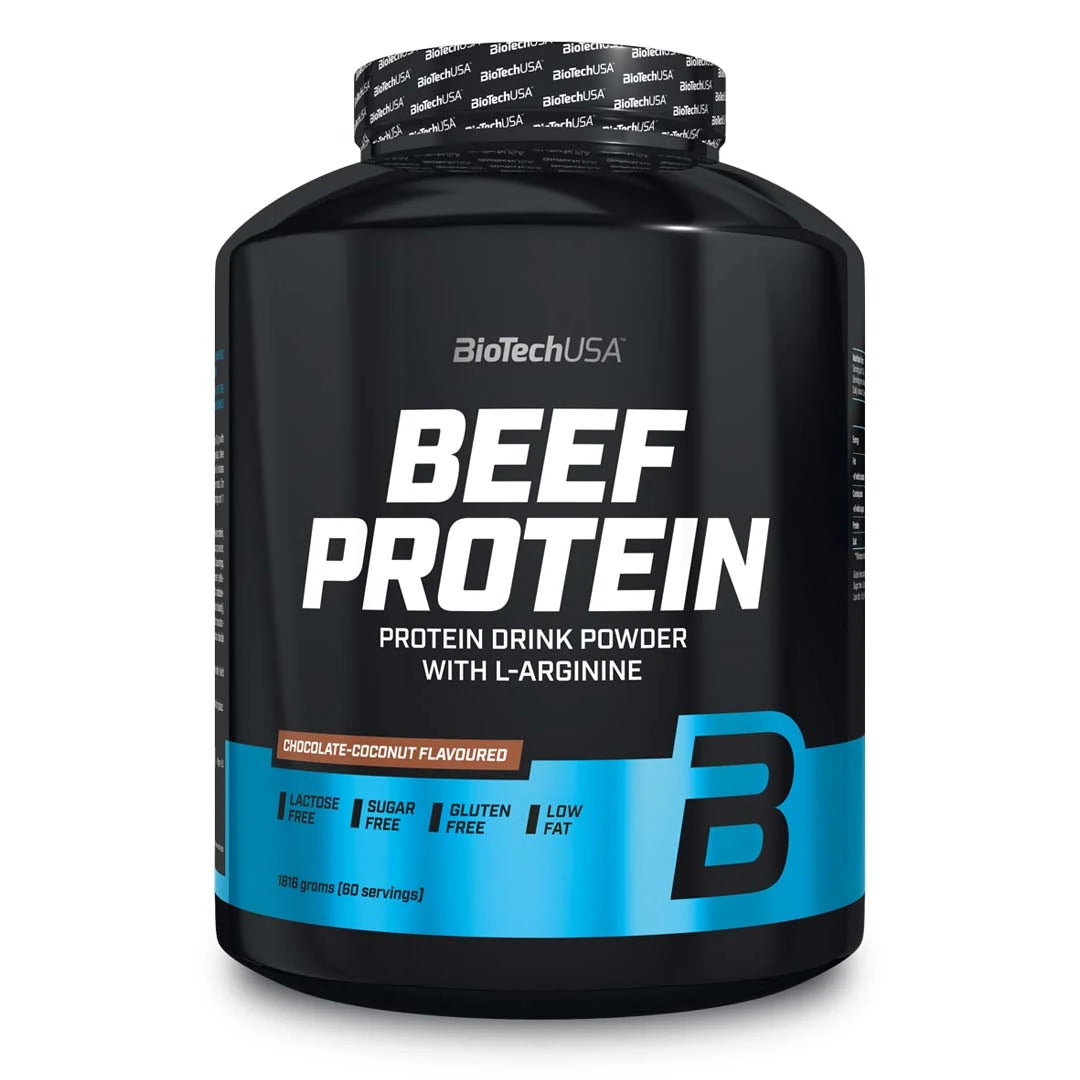 BioTechUSA Beef Protein 1.816 kg proteinpulver i en svart burk med blå detaljer och smaken Chocolate Coconut., bild 1 av 1