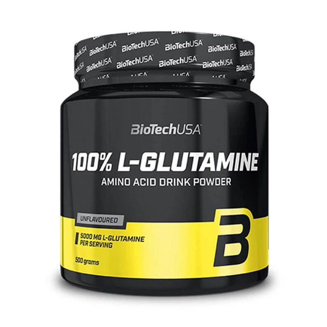 BioTechUSA 100% L-glutamine 500 g aminosyror i en svart burk med gula detaljer för smaken Unflavoured.
