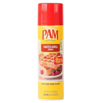 PAM Cooking Spray Sauté &amp; Grill 482 g i en gul och röd sprayflaska med bild på våfflor., bild 2 av 2