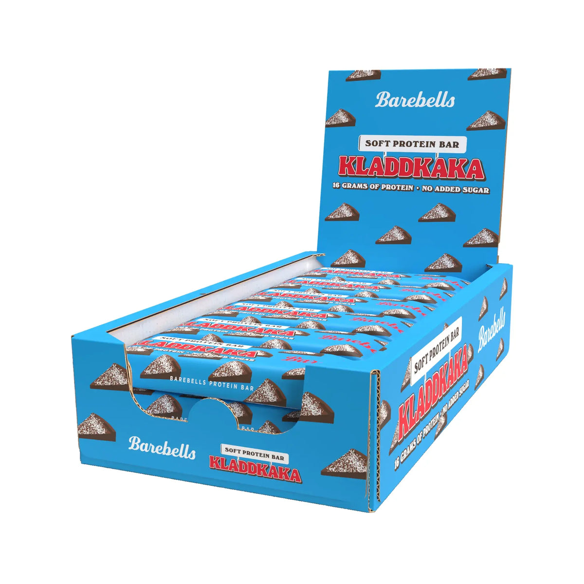 12 x Barebells Soft Protein Bar 45 g Kladdkaka i en blå displaykartong med motiv av kladdkakebitar.