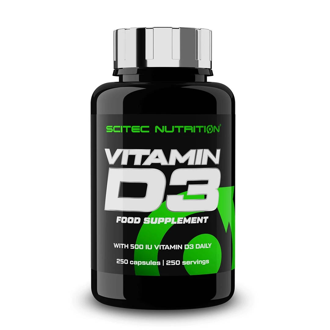 Scitec Nutrition Vitamin D3 250 caps i en svart burk med silvrigt lock och grön text, ett kosttillskott för immunsystem och muskler., bild 1 av 1