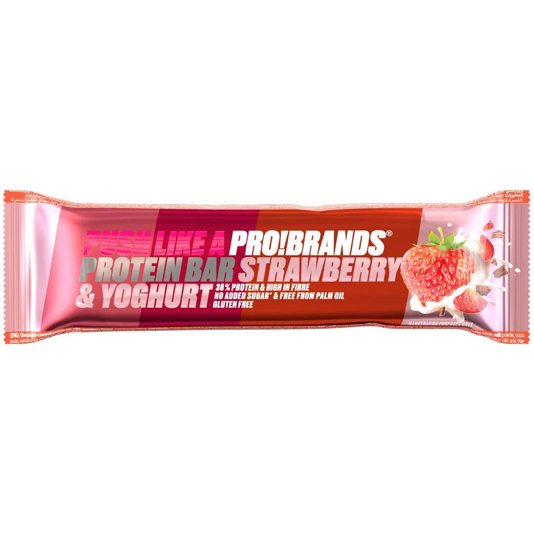 Pro Brands Proteinbar 45 g i en glänsande rosa och röd förpackning för smaken Strawberry Yoghurt., bild 1 av 5
