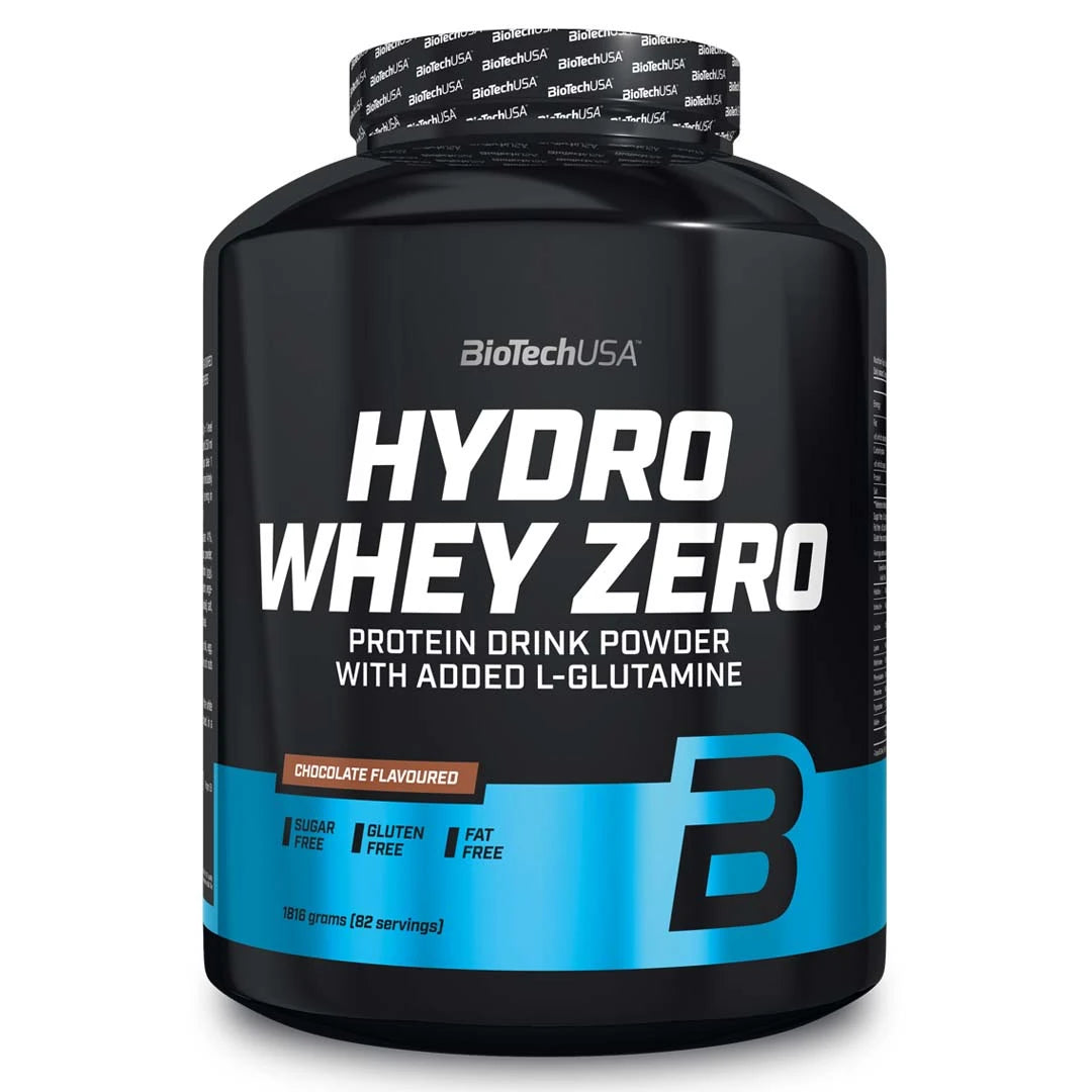 BioTechUSA Hydro Whey Zero 1.8 kg proteinpulver i en svart burk med ljusblå detaljer för smaken Chocolate., bild 1 av 1