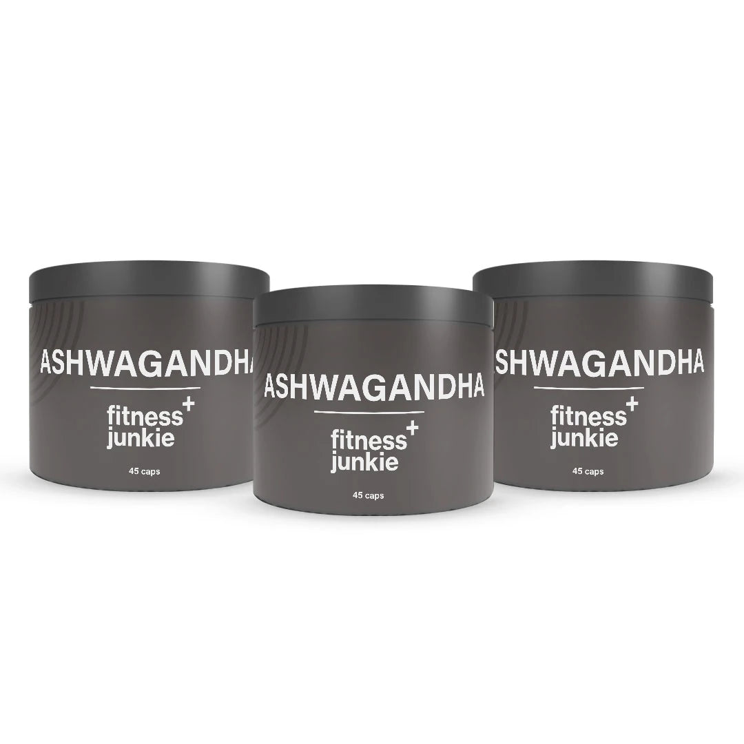 3 x fitnessjunkie Ashwagandha 45 caps i tre mörkgråa burkar med vit text., bild 1 av 1