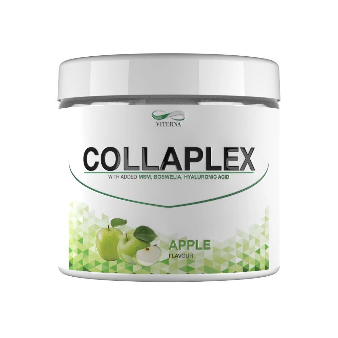 Viterna Collaplex Powder 400 g kollagenpulver i en vit burk med gröna detaljer och motiv av äpplen., bild 1 av 1